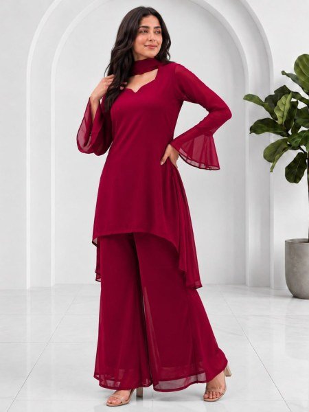 Boutique Style Rani Pink 90's Palazzo Dress Set with Soft Georgette Dupatta