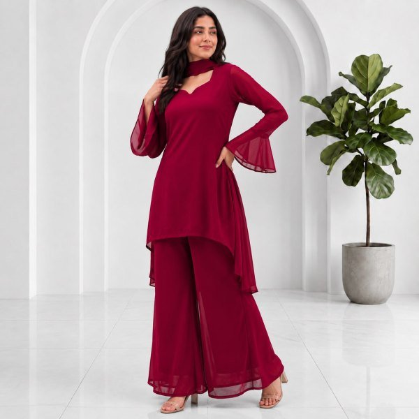 Boutique Style Rani Pink 90's Palazzo Dress Set with Soft Georgette Dupatta Full Set Kurti