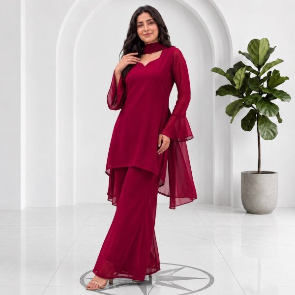 Boutique Style Rani Pink 90's Palazzo Dress Set with Soft Georgette Dupatta Full Set Kurti