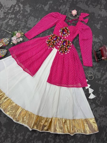 White and Pink Gamthi Jacket Lehenga Set with Cowrie Detailing Navratri Exclusive Navratri Lehnega Choli