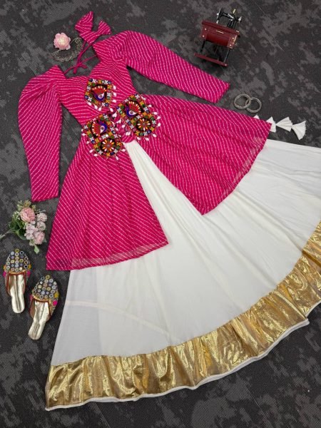 White and Pink Gamthi Jacket Lehenga Set with Cowrie Detailing Navratri Exclusive Navratri Lehnega Choli