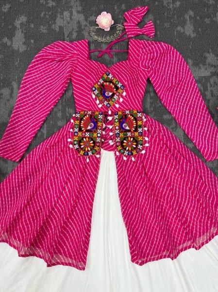 White and Pink Gamthi Jacket Lehenga Set with Cowrie Detailing Navratri Exclusive Navratri Lehnega Choli