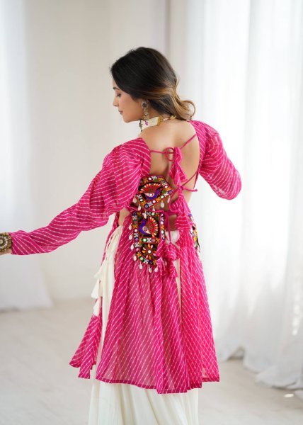 White and Pink Gamthi Jacket Lehenga Set with Cowrie Detailing Navratri Exclusive Navratri Lehnega Choli