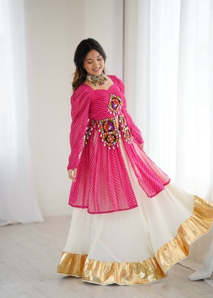 White and Pink Gamthi Jacket Lehenga Set with Cowrie Detailing Navratri Exclusive Navratri Lehnega Choli