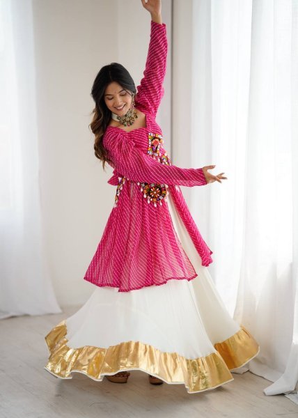 White and Pink Gamthi Jacket Lehenga Set with Cowrie Detailing Navratri Exclusive Navratri Lehnega Choli