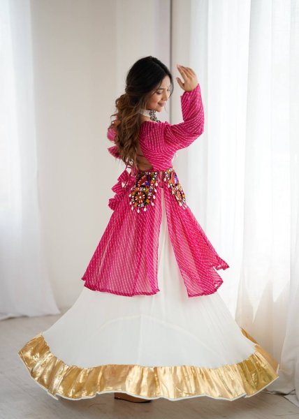 White and Pink Gamthi Jacket Lehenga Set with Cowrie Detailing Navratri Exclusive Navratri Lehnega Choli