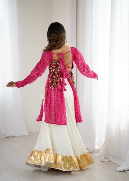 White and Pink Gamthi Jacket Lehenga Set with Cowrie Detailing Navratri Exclusive Navratri Lehnega Choli