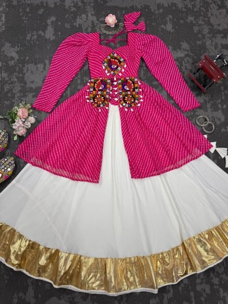 White and Pink Gamthi Jacket Lehenga Set with Cowrie Detailing Navratri Exclusive Navratri Lehnega Choli