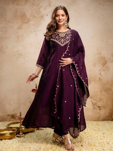 Boutique Style Wine Anarkali Suit With Pant And Dupatta for Resellers Collection Kurtis