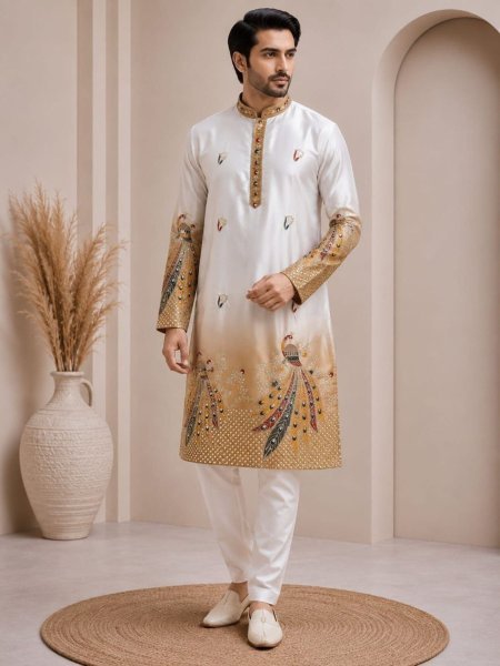 Boutique Style Yellow Shaded Malai Satin Kurta Pyjama with Heavy Designer Daman Work 