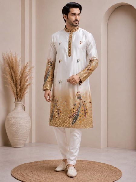 Boutique Style Yellow Shaded Malai Satin Kurta Pyjama with Heavy Designer Daman Work Kurta Pajama Wholesale
