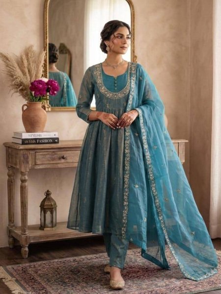 Boutique Supplier Ethnic Designer Kurti Palazzo Fendi Satin With Sequence Embroidery Work And Organza Dupatta Ready To Wear Suit