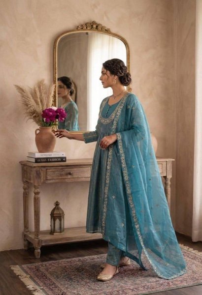 Boutique Supplier Ethnic Designer Kurti Palazzo Fendi Satin With Sequence Embroidery Work And Organza Dupatta Ready To Wear Collection