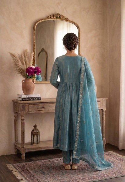 Boutique Supplier Ethnic Designer Kurti Palazzo Fendi Satin With Sequence Embroidery Work And Organza Dupatta Ready To Wear Collection