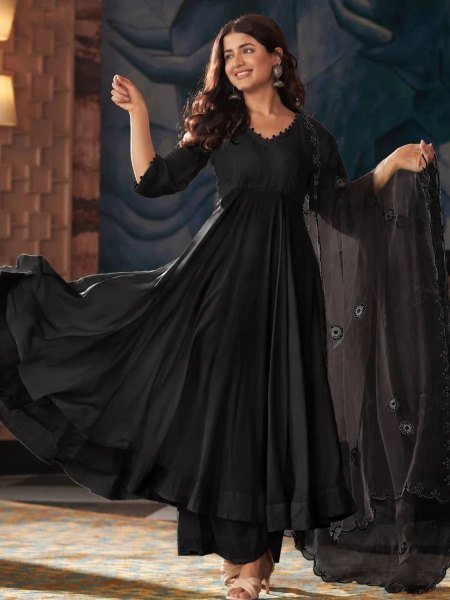 Breathable Black Wear Georgette Real Mirror Work Anarkali With Buttersilk Pant And Dupatta Ready To Wear Suit