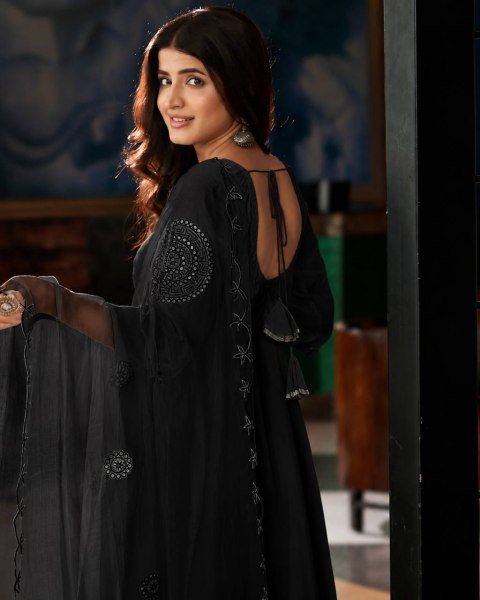 Breathable Black Wear Georgette Real Mirror Work Anarkali With Buttersilk Pant And Dupatta Ready To Wear Collection