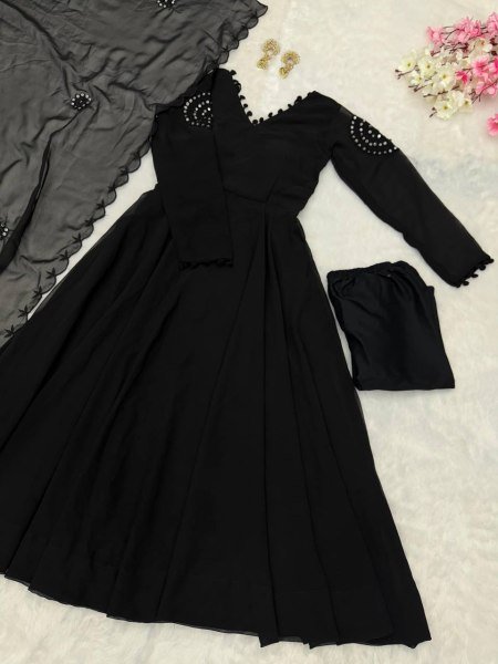 Breathable Black Wear Georgette Real Mirror Work Anarkali With Buttersilk Pant And Dupatta Ready To Wear Collection