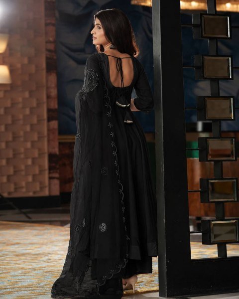 Breathable Black Wear Georgette Real Mirror Work Anarkali With Buttersilk Pant And Dupatta Ready To Wear Collection