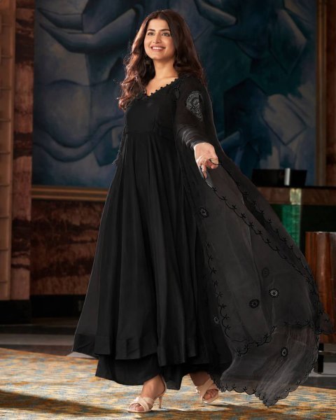Breathable Black Wear Georgette Real Mirror Work Anarkali With Buttersilk Pant And Dupatta Ready To Wear Collection