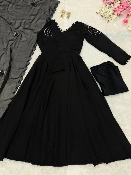 Breathable Black Wear Georgette Real Mirror Work Anarkali With Buttersilk Pant And Dupatta Ready To Wear Collection