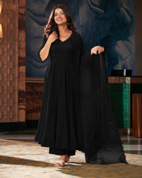 Breathable Black Wear Georgette Real Mirror Work Anarkali With Buttersilk Pant And Dupatta Ready To Wear Collection