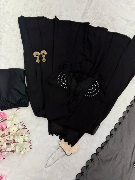 Breathable Black Wear Georgette Real Mirror Work Anarkali With Buttersilk Pant And Dupatta Ready To Wear Collection