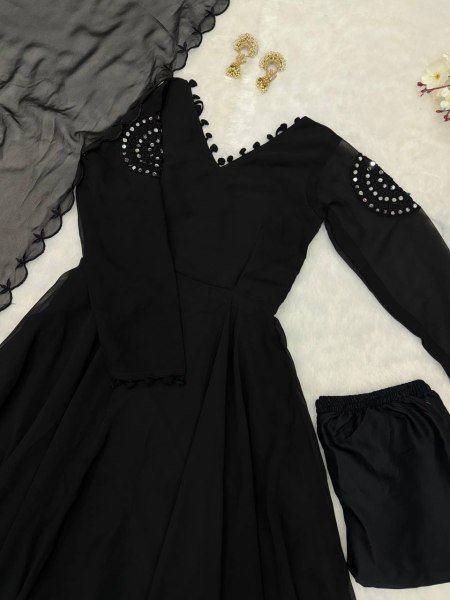 Breathable Black Wear Georgette Real Mirror Work Anarkali With Buttersilk Pant And Dupatta Ready To Wear Collection