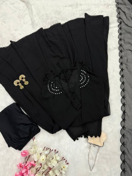 Breathable Black Wear Georgette Real Mirror Work Anarkali With Buttersilk Pant And Dupatta Ready To Wear Collection