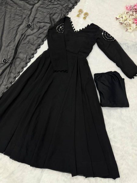 Breathable Black Wear Georgette Real Mirror Work Anarkali With Buttersilk Pant And Dupatta Ready To Wear Collection