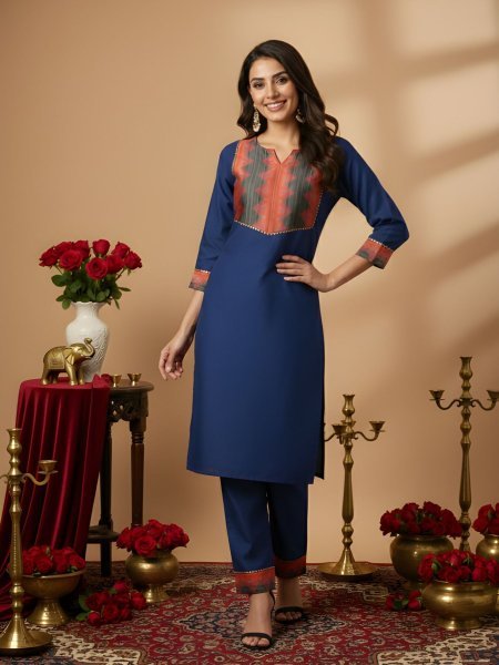 Breathable Blue Cotton Straight-Fit Kurta Set with Designer Printed Yoke Kurtis