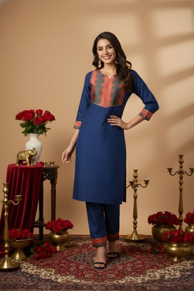 Breathable Blue Cotton Straight-Fit Kurta Set with Designer Printed Yoke  Straight Cut Long Kurtis