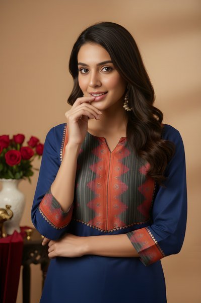 Breathable Blue Cotton Straight-Fit Kurta Set with Designer Printed Yoke  Straight Cut Long Kurtis