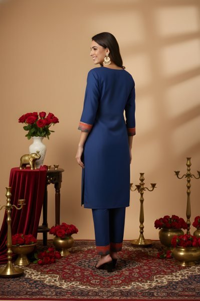 Breathable Blue Cotton Straight-Fit Kurta Set with Designer Printed Yoke  Straight Cut Long Kurtis