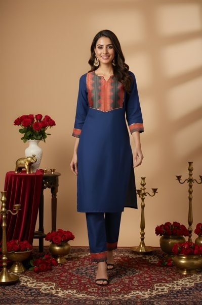 Breathable Blue Cotton Straight-Fit Kurta Set with Designer Printed Yoke  Straight Cut Long Kurtis