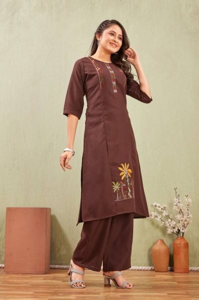 Breathable Brown Cotton Ethnic Set with Embroidered Kurti for Women Cotton Kurtis Wholesale