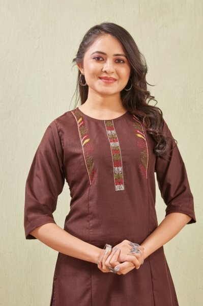 Breathable Brown Cotton Ethnic Set with Embroidered Kurti for Women Cotton Kurtis Wholesale
