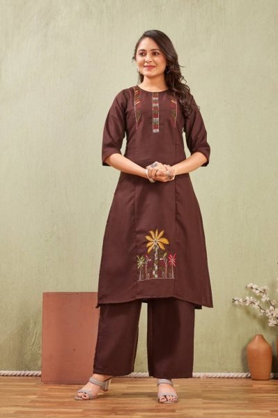 Breathable Brown Cotton Ethnic Set with Embroidered Kurti for Women Cotton Kurtis Wholesale