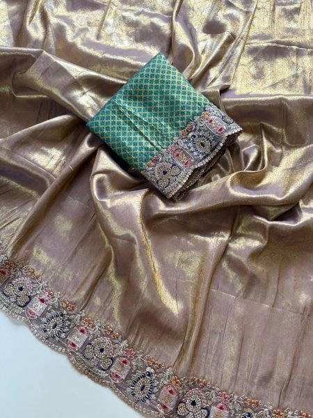 Breathtaking Beige Soft Silk Saree with Contrast Jacquard Border and Embroidery Designer Wedding Sarees Wholesale