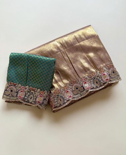 Breathtaking Beige Soft Silk Saree with Contrast Jacquard Border and Embroidery Designer Wedding Sarees Wholesale