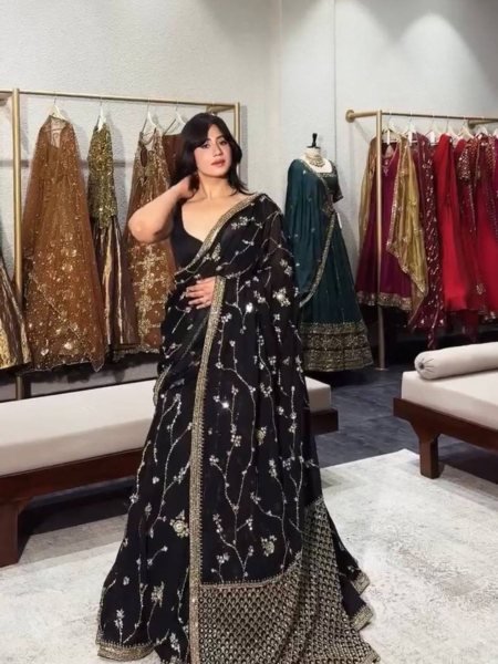 Breathtaking Black Faux Georgette Lehenga Saree Set with Heavy Sequins Embroidery Blouse  Lehenga