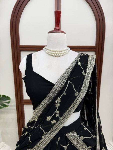 Breathtaking Black Faux Georgette Lehenga Saree Set with Heavy Sequins Embroidery Blouse Designer Lehenga Choli