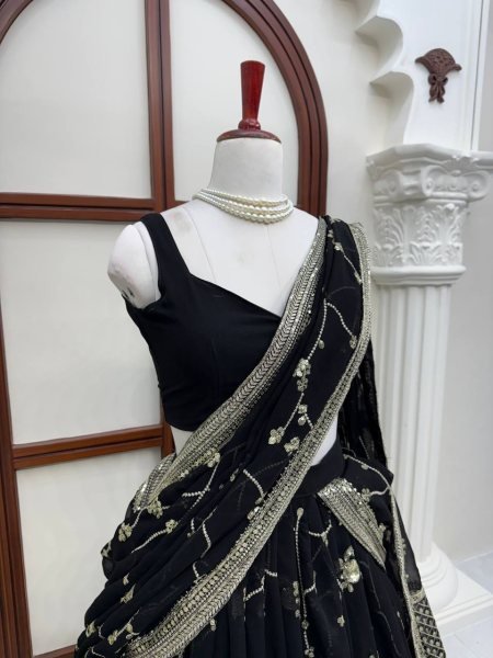 Breathtaking Black Faux Georgette Lehenga Saree Set with Heavy Sequins Embroidery Blouse Designer Lehenga Choli