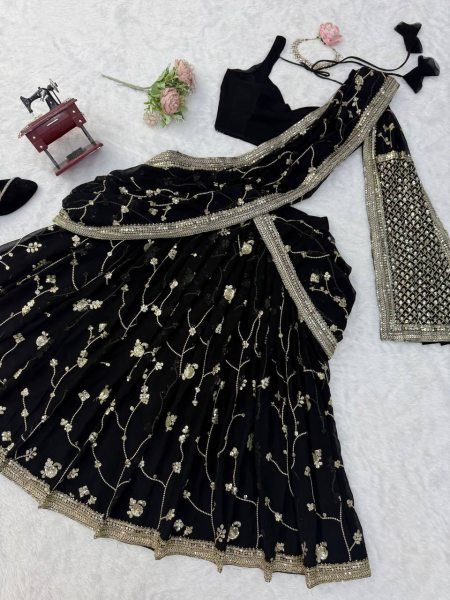 Breathtaking Black Faux Georgette Lehenga Saree Set with Heavy Sequins Embroidery Blouse Designer Lehenga Choli