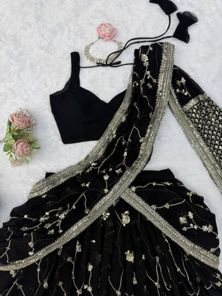 Breathtaking Black Faux Georgette Lehenga Saree Set with Heavy Sequins Embroidery Blouse Designer Lehenga Choli
