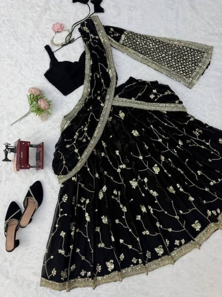 Breathtaking Black Faux Georgette Lehenga Saree Set with Heavy Sequins Embroidery Blouse Designer Lehenga Choli