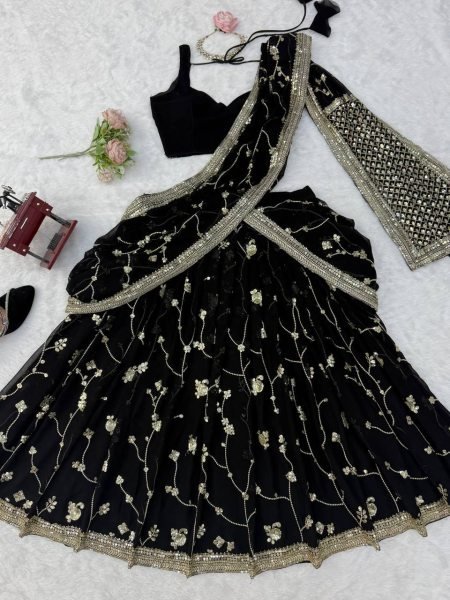 Breathtaking Black Faux Georgette Lehenga Saree Set with Heavy Sequins Embroidery Blouse Designer Lehenga Choli