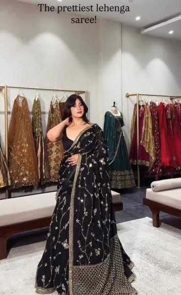 Breathtaking Black Faux Georgette Lehenga Saree Set with Heavy Sequins Embroidery Blouse Designer Lehenga Choli