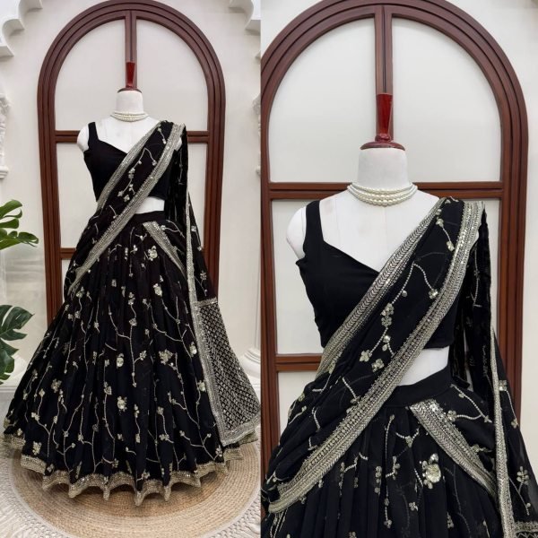 Breathtaking Black Faux Georgette Lehenga Saree Set with Heavy Sequins Embroidery Blouse Designer Lehenga Choli