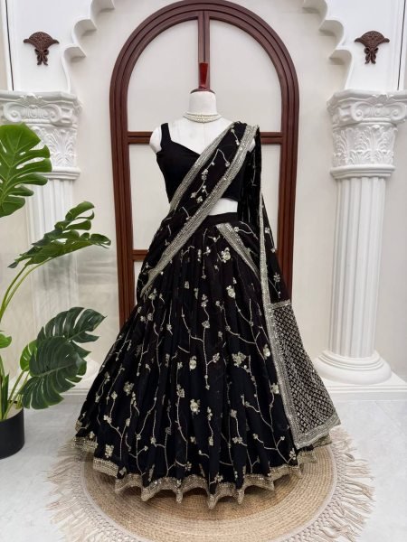 Breathtaking Black Faux Georgette Lehenga Saree Set with Heavy Sequins Embroidery Blouse Designer Lehenga Choli