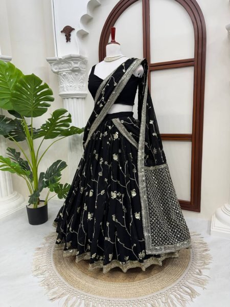 Breathtaking Black Faux Georgette Lehenga Saree Set with Heavy Sequins Embroidery Blouse Designer Lehenga Choli